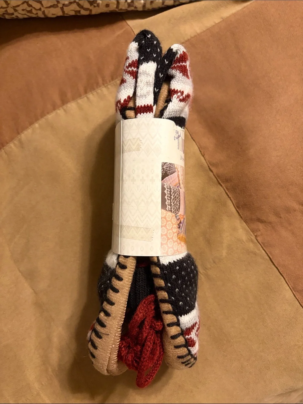 The Original Muk Luks-  Black, White & Burgundy Patterned Gripper Socks. (L/XL)